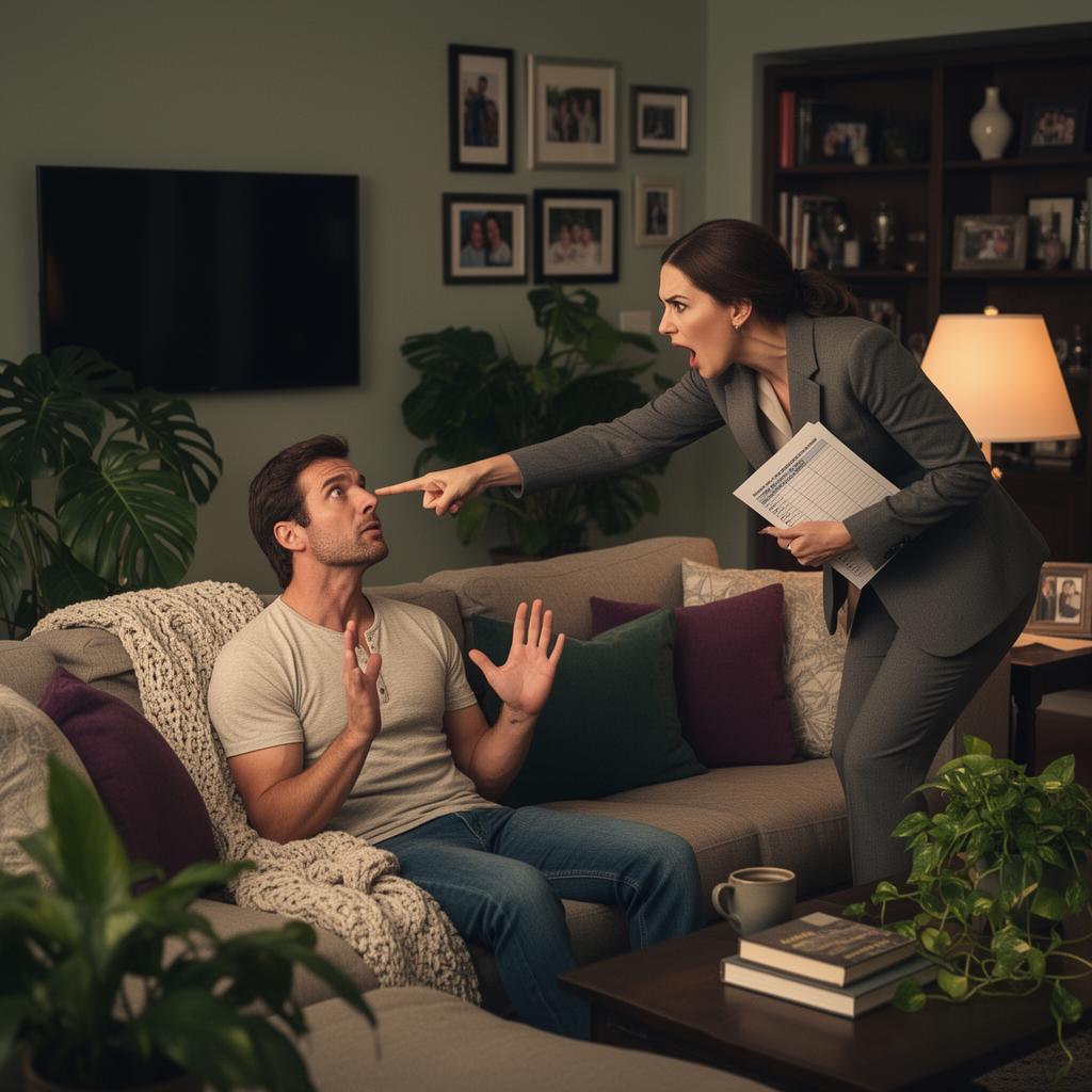 A powerful executive woman reading from a checklist while her husband shrinks across the table